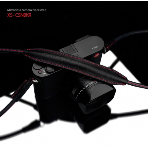 GARIZ TRACOLLA IN PELLE NERA con cuciture rosse PER FOTOCAMERE MIRRORLESS E COMPATTE